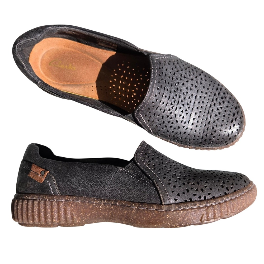Clarks Collection Caroline Ella Black Leather Perforated SlipOn Comfort Shoe 8.5
